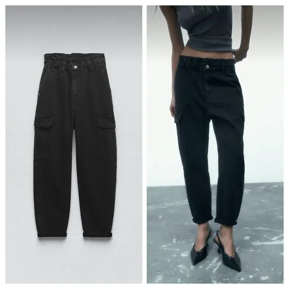 ZARA High Waist Baggy Fit Paper Bag Carrot Leg Ankle Rigid Black Womens 6 - Picture 2 of 16